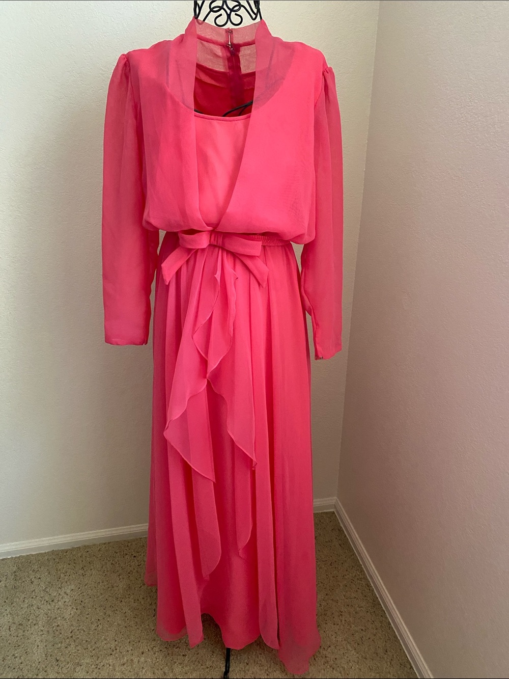 Vintage Mike Benet 1970s Elegant Hot Pink Maxi Dress with original Belt